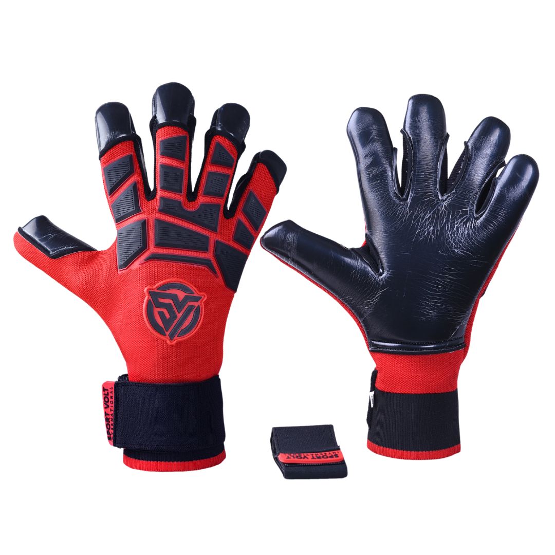 nexus-soccer-goalkeeper-gloves-size-10-front.jpg" - Alt text: "Nexus Soccer Goalkeeper Gloves Size 10, featuring 3D rubber punch zone and 4mm German latex in Red and Black color scheme